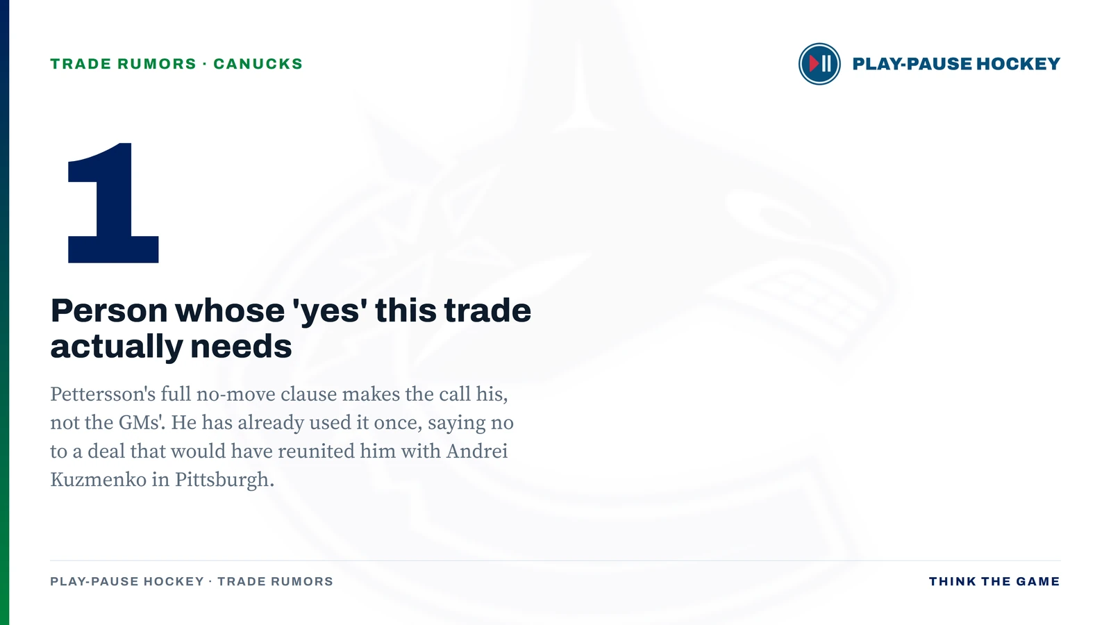 Graphic: only one person, Elias Pettersson, can approve a trade to Pittsburgh, because his full no-move clause makes the call his and he has already said no once.